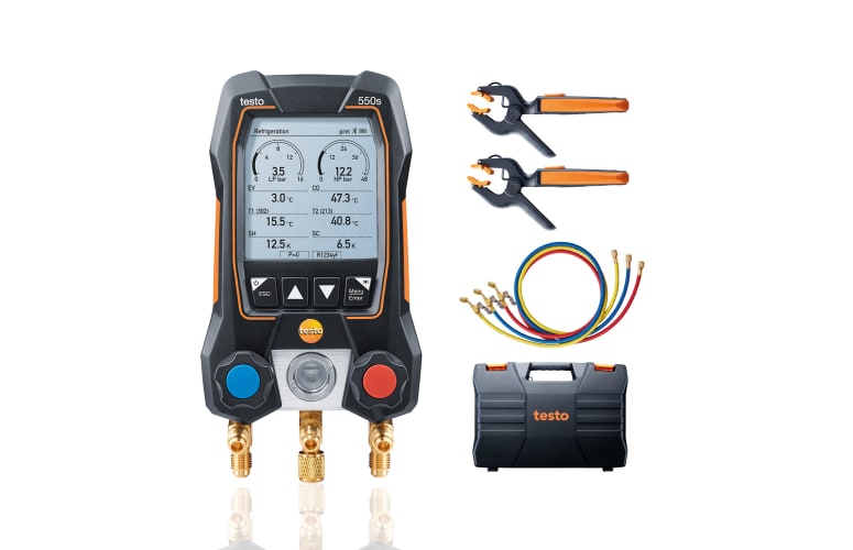 testo 550s Комплект с заправочными шлангами - Цифровой манометрический коллектор с беспроводными зондами-зажимами температуры и набором из трёх шлангов, фото 1