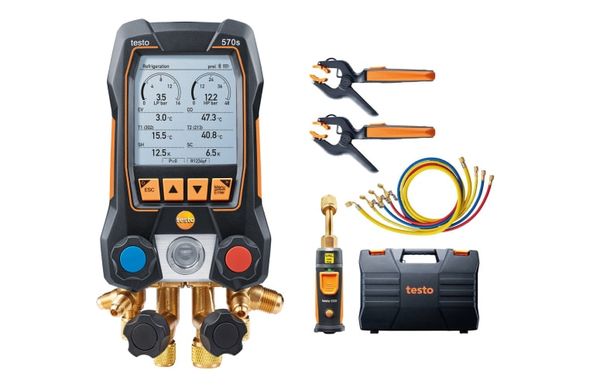testo 570s Комплект с заправочными шлангами - Цифровой манометрический коллектор, беспроводные зонды вакуума и температуры и набор из четырёх шлангов