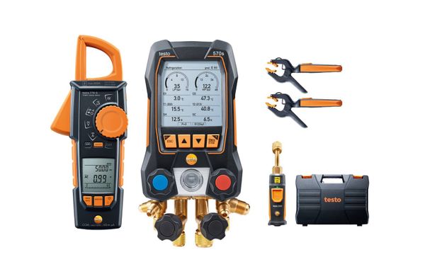 testo 570s Комплект с токоизмерительными клещами - Цифровой манометрический коллектор, беспроводные зонды вакуума и температуры и токоизмерительные клещи
