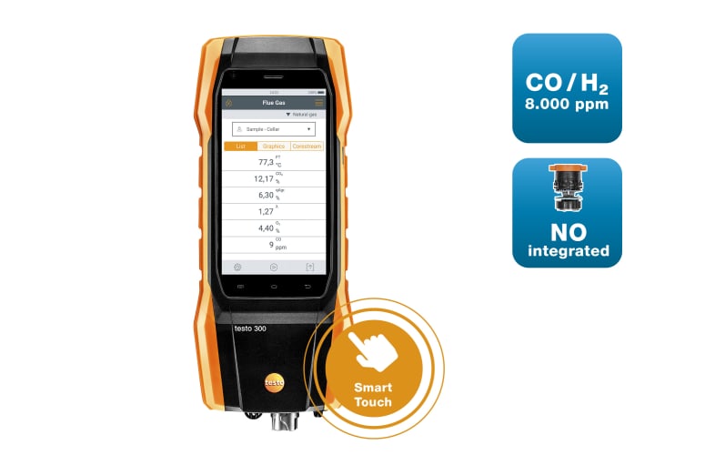 testo 300 Longlife - Анализатор дымовых газов (O₂, CO с H₂-компенсацией до 8 000 ppm, NO), фото 1