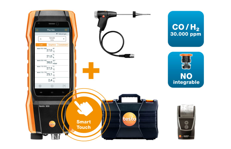 Комплект 2 testo 300 NEXT LEVEL Longlife с принтером - Анализатор дымовых газов (O₂, CO с H₂-компенсацией до 30 000 ppm, NO устанавливается дополнительно), фото 1